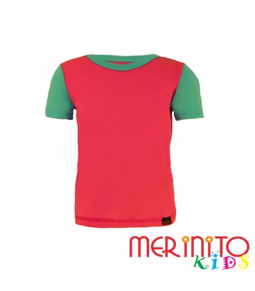 Kids Short Sleeve T-Shirt Pink "true pink" & Turquoise from 100% merino wool