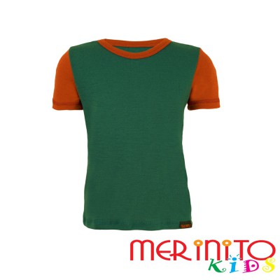 Kinder Kurzarm T-Shirt Grün "Türkis" & Orange aus 100% Merinowolle