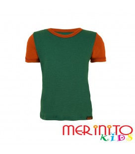 Kids Short Sleeve T-Shirt Green "turquoise" & Orange from 100% merino wool